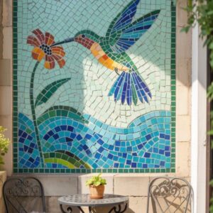 Vibrant Bloom & Hummingbird Mosaic Art