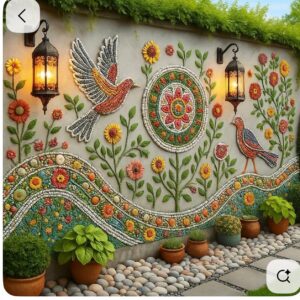 Twin Songbirds Floral Garden Mosaic Wall Art Installation
