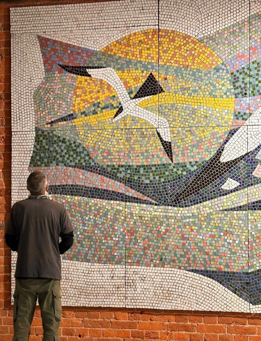 Soaring Bird Over Sunburst Abstract Mosaic Wall Art Panel
