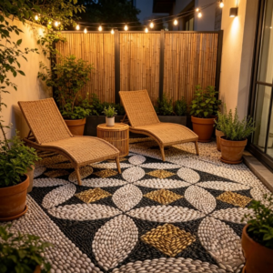 Outdoor Black‑White‑Gold Mosaic Flooring